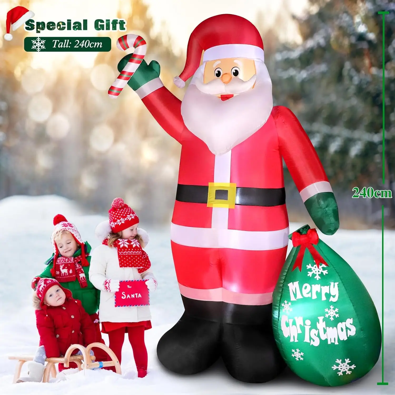8 FT Christmas Inflatable Santa Claus with Candy and Big Gift Bag Outdoor Decor, Blow Up IP44 Weatherproof Xmas Decorations for
