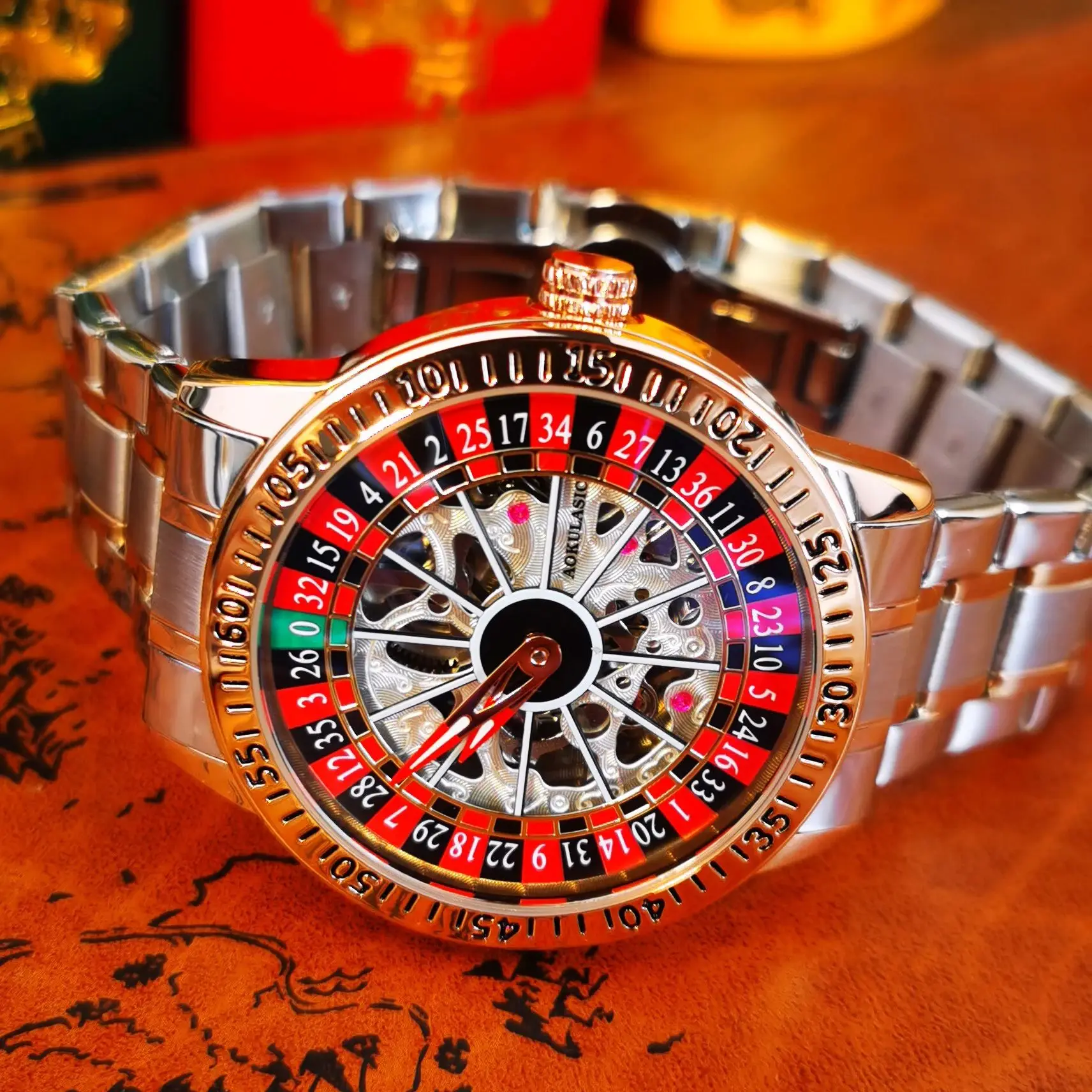 AOKULASIC Luxury Mechanical Watch for Men Fashion Rotating Design Leather Steel Strap Business Casual Automatic Mens Watches New