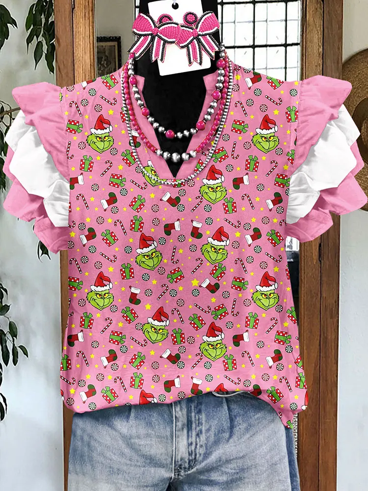 Christmas Cartoon Print Flying Sleeve Top Women Blouses