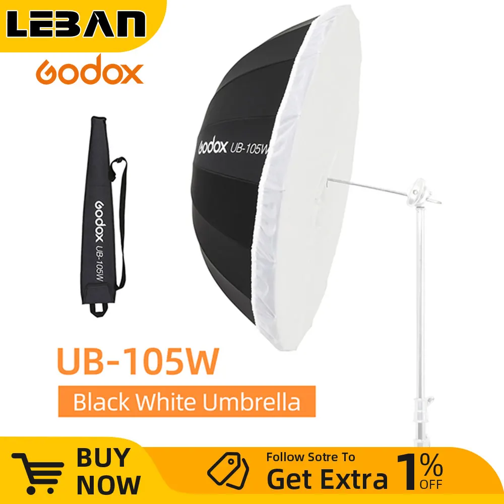 Godox UB-105W 41in 105cm Parabolic Black White Reflective Umbrella Studio Light Umbrella with Black Silver Diffuser Cover Cloth