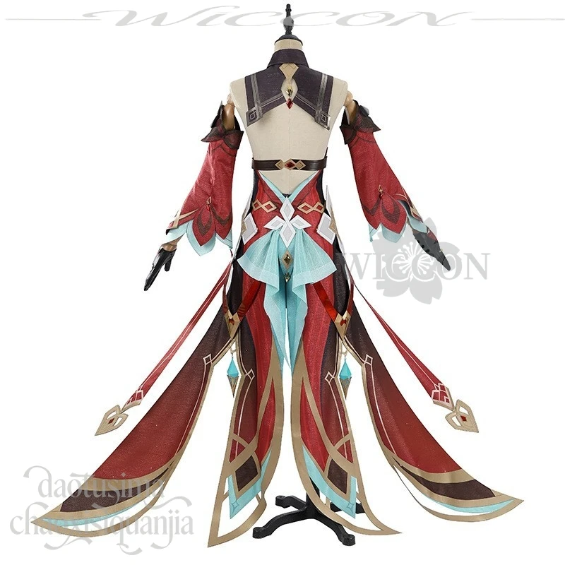 أليس تأثيري أنيمي لعبة Genshin تأثير زي قبعة الساحرة موحدة مقطورة طويلة مثير فستان أحمر الكرتون الباروكات هالوين عيد الميلاد