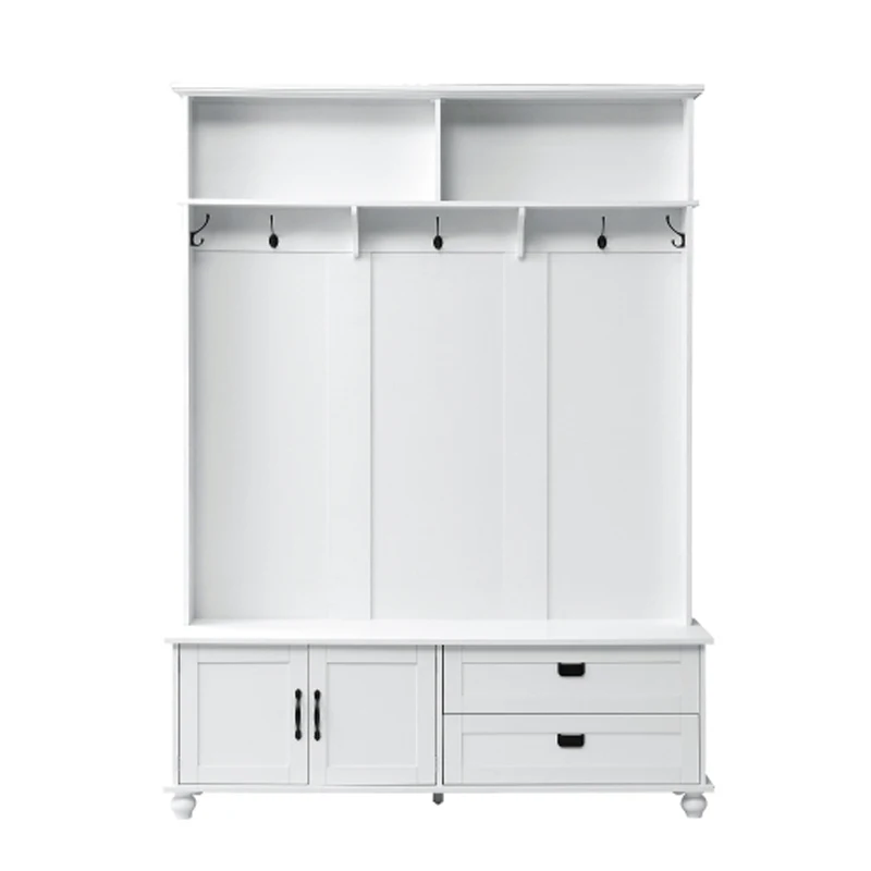 ON-TREND Modern Style Hall Tree with Storage Cabinet and 2 Large Drawers, Widen Mudroom Bench with 5 Coat Hooks, White