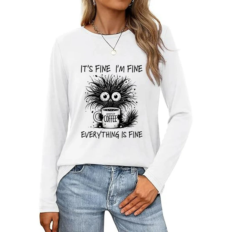 

Women's All Seasons Long Sleeve T Shirt Graphic Tees Tops Funny Gothic T-Shirt Whimsical Cat and Coffee Y2k Tshirt Clothing