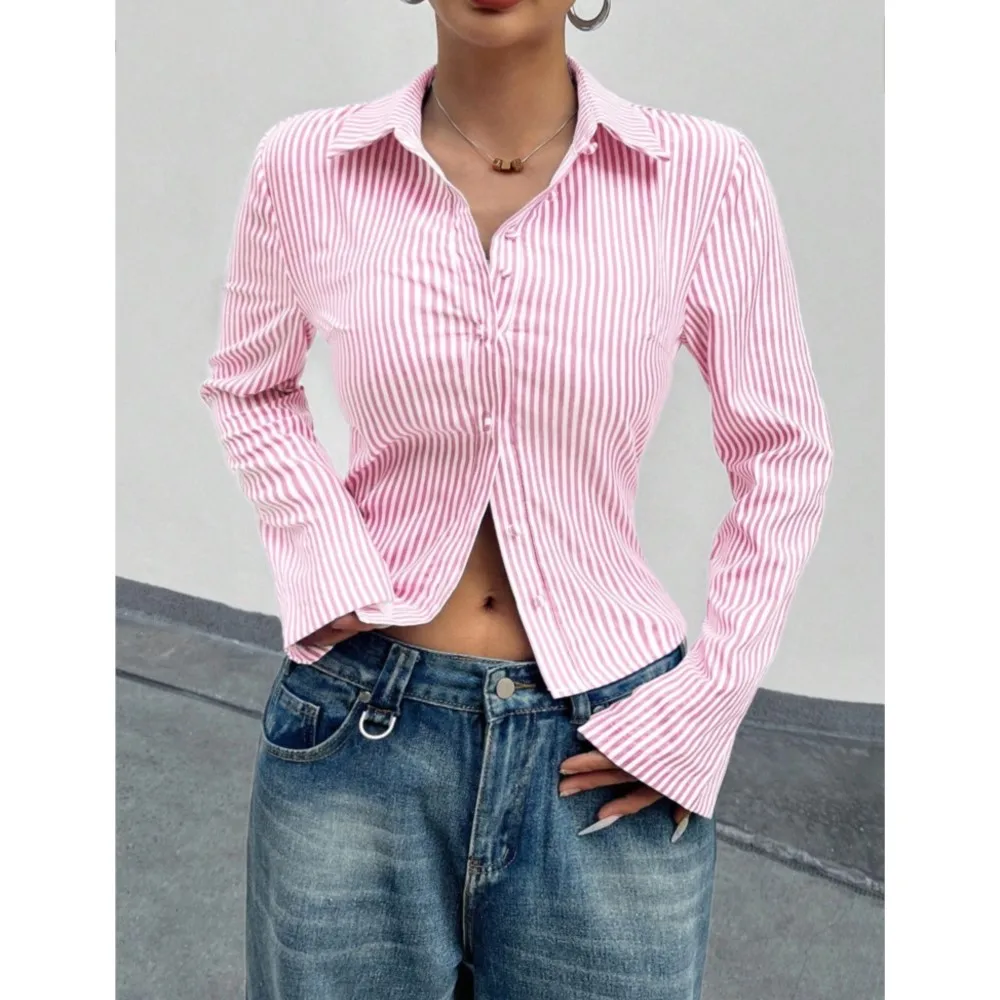 Camisa de manga larga a rayas con estampado de moda para mujer, nuevo estilo, primavera y otoño, camisa ajustada y versátil para oficina para mujer, Tops 2025