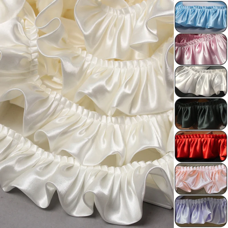 Lace Edge Double Layered 10M Ruffle Trim Shiny Satin Pleated Ribbon Fabric Glitter For Wed Doll Dress DIY Kids Sewing Crafts