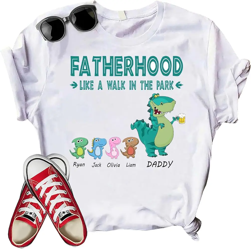 Dad Dinosaur T-Shirt, Personalized Fatherhood is Like A Walk in The Park Shirt, Daddy Lover Shirt, Dad Love Shirt Multicoloured