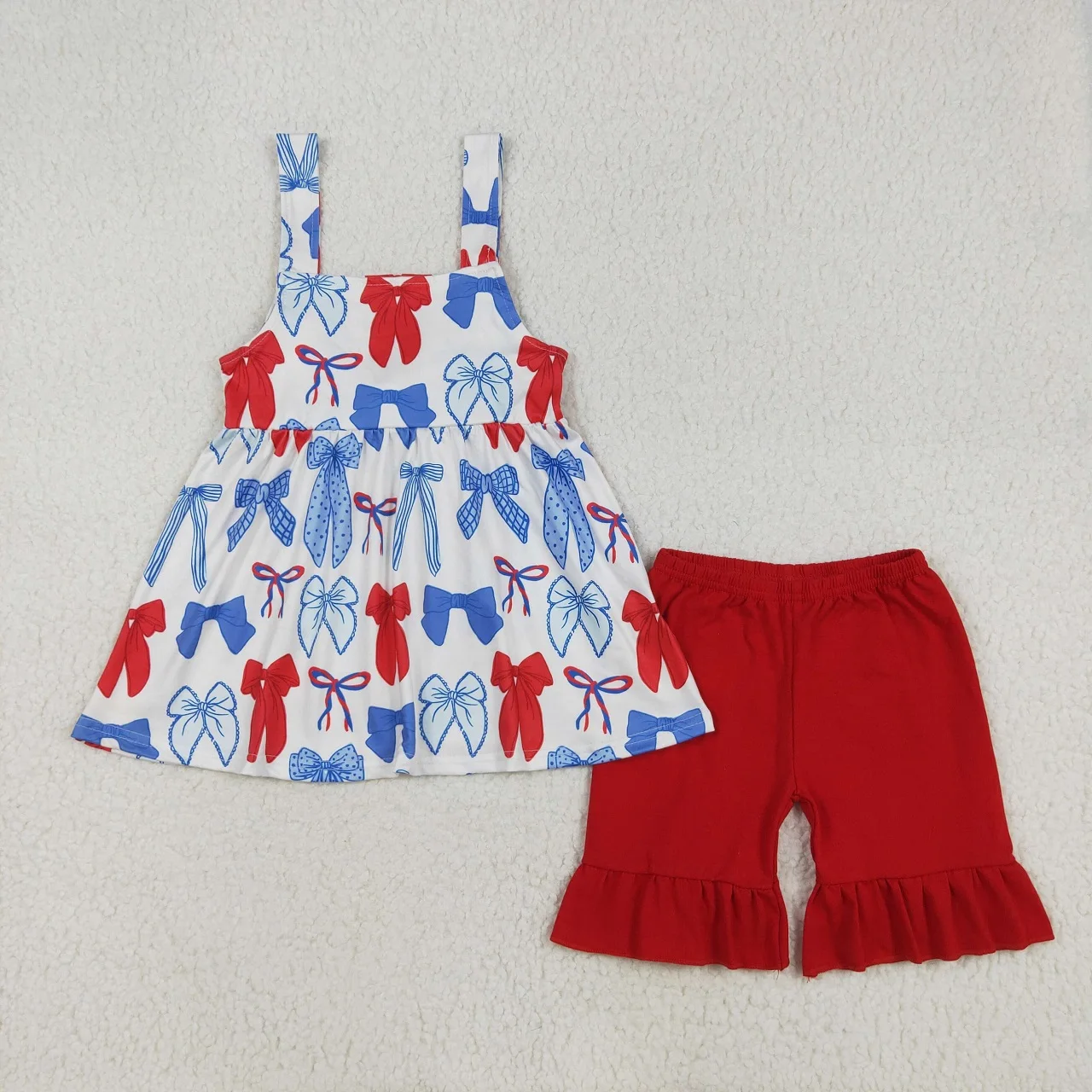 Wholesale Baby Girl July 4th Outfit Toddler Straps Red Blue Bows Tunic Cotton Ruffle Shorts Kids Sleeveless Children Infant Set