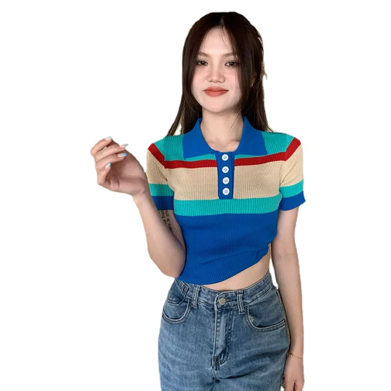 Cropped Top Y2k Camisetas Women Clothing Basic Streetwear T Shirts Ropa De Mujer Summer Fashion Polo Collar Button Striped Tees