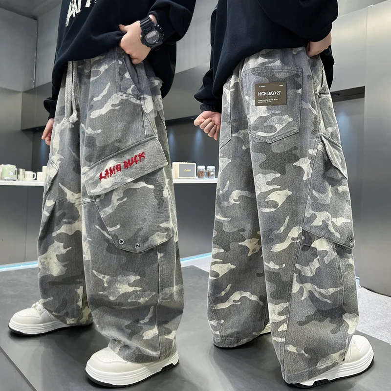 Autumn Kids Distressed Camouflage Cargo Pants for Boys Girls Outdoor Sports Camo Trousers Child Military Trackpants with Pocket
