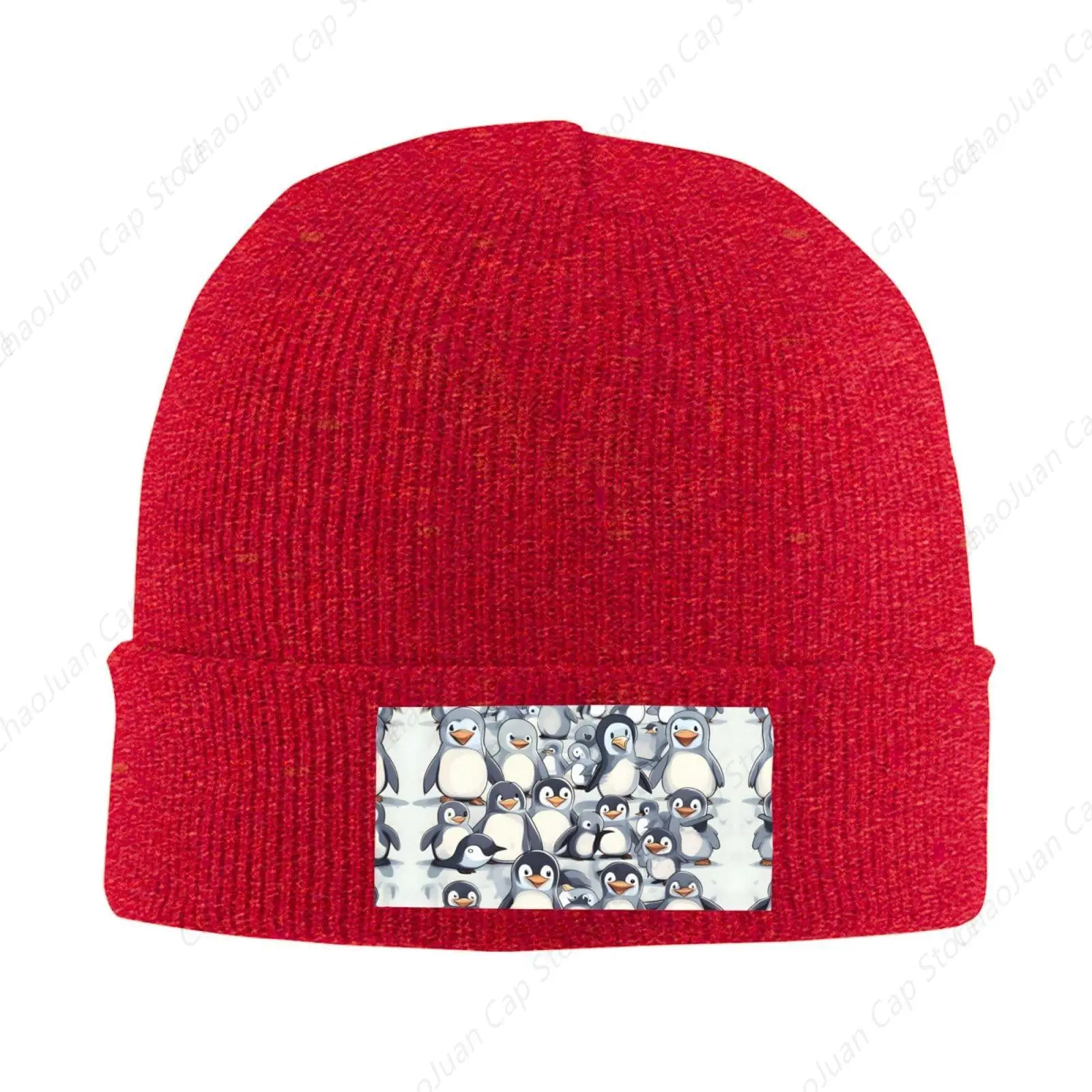 Cute Baby Penguins Sketch Print Winter Hat Beanie Cap for Men and Women,Winter Hat Acrylic Warm Stocking Skull Caps Red