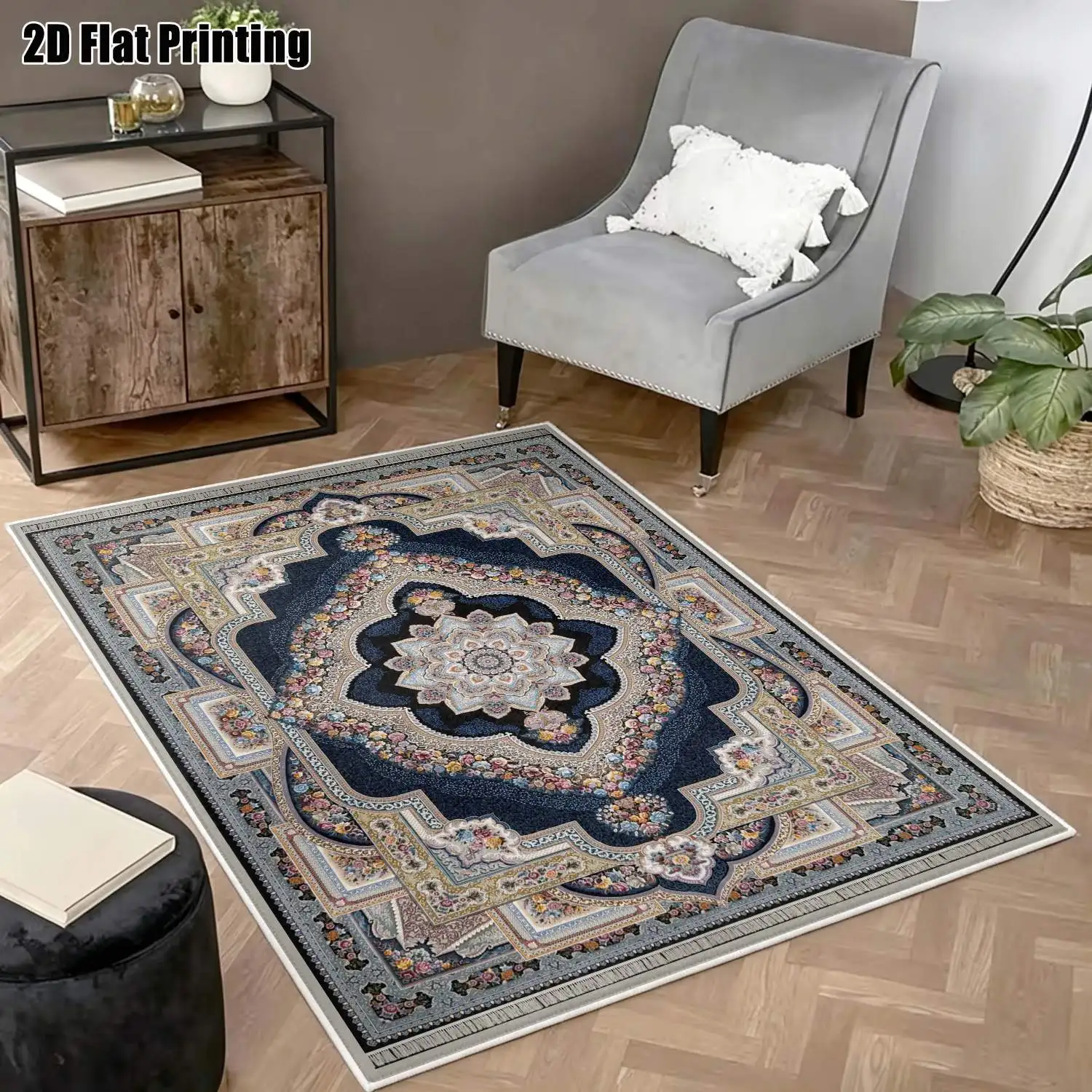 1Pc 2D Printed Velvet Carpet, Blue-Gray Retro Geometric Pattern, Multi-Style, Multi-Size, Machine Washable, for Home Decor, Multi-Scene Use
