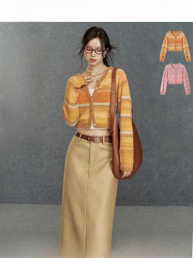 

ANDYET AD adient Splicing ort Sweater Women's College Sle round Ne Waist Cinched Open Cardigan Long Sve Knitted Top