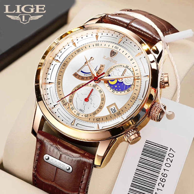 Watch for Men LIGE Luxury Leather Mens Watches Waterproof Sports Quartz Wristwatch Chronograph Watch Men Relogio Masculino+Box