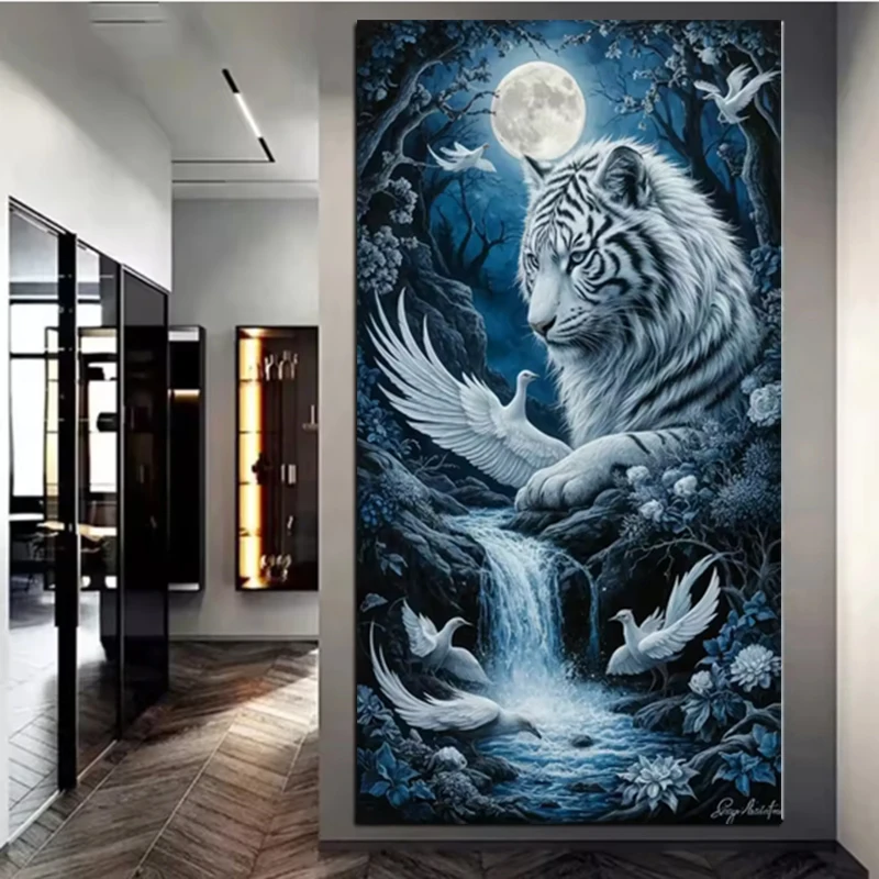 Kit de pintura de diamante 5D Diy, punto de cruz, fantasía, flujo, Luna nocturna, mosaico completo de diamantes de imitación, tigre blanco y paloma, decoración del hogar
