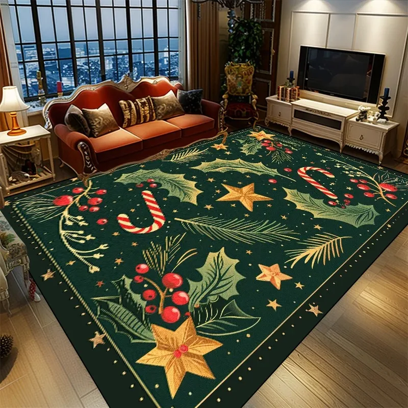 Vintage Christmas Holiday Rug Dark Green Background Candy Cane Holly Berry Star Pattern Floor Carpet for Living Room Bedroom