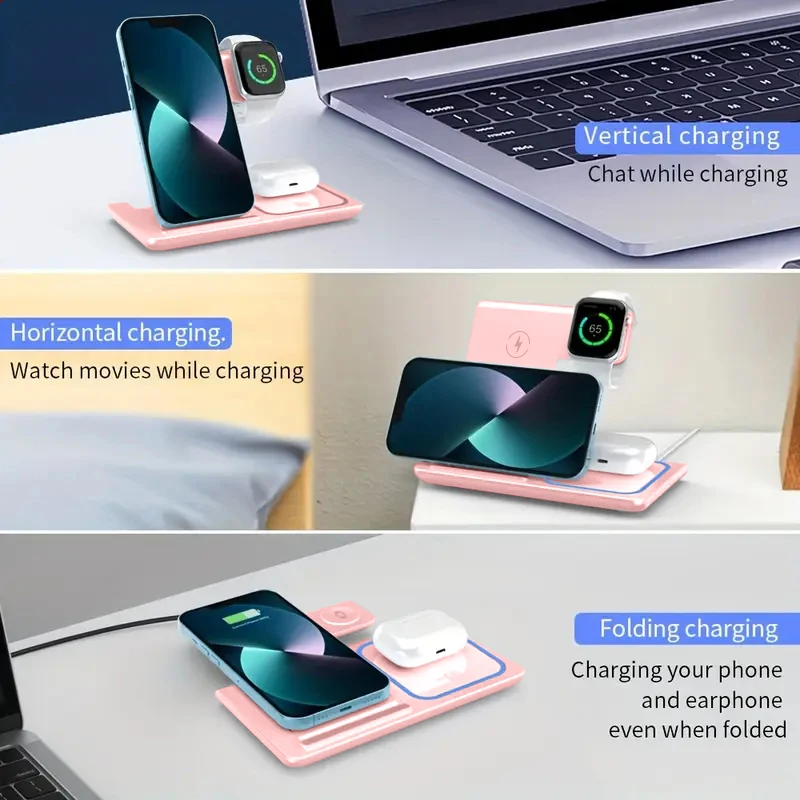 15W LED Fast Wireless Charger Stand 3 in 1 Foldable Charging Station For iPhone17 16 15 14 13 1Apple Watch 9 8 7 6 5 Airpods Pro view 5