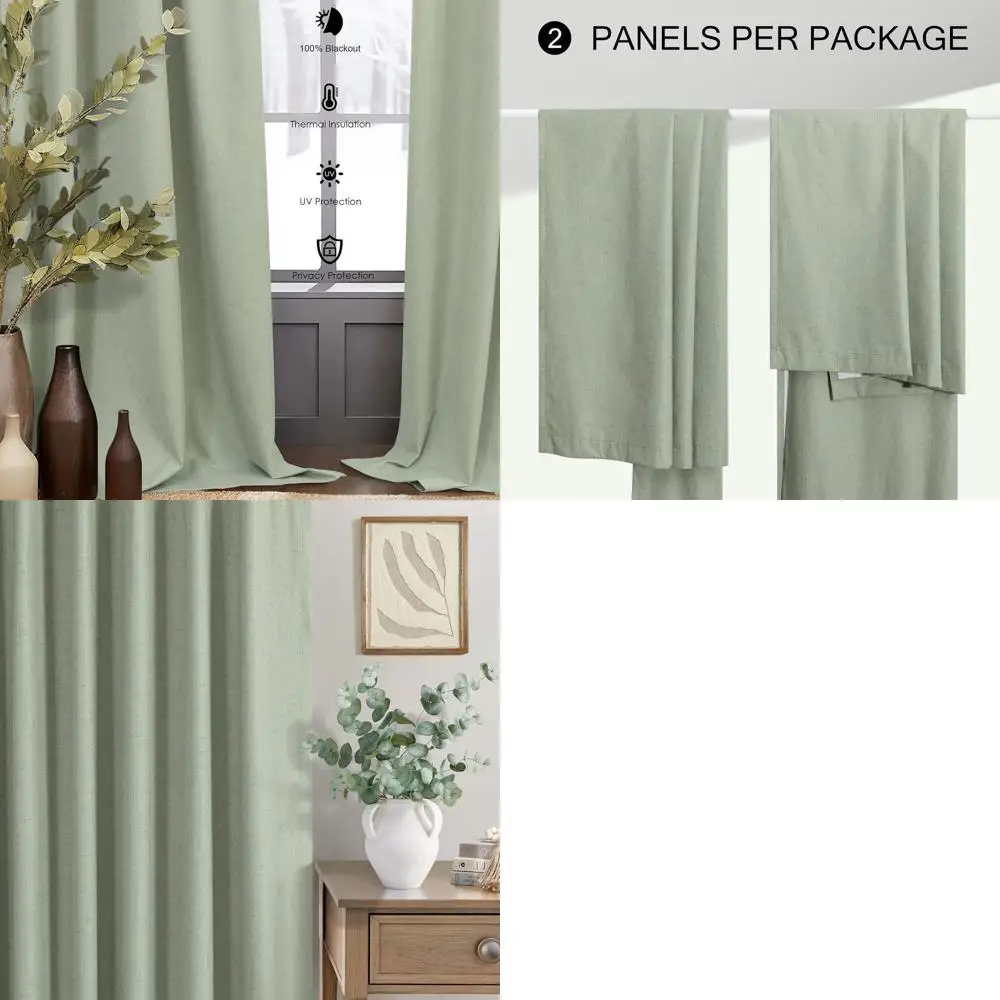 

Шторы из льняной ткани цвета шалфейно-зеленый, 84 дюйма, комплект из 2 панелей, светонепроницаемые, с термоизоляцией для спальни и гостиной