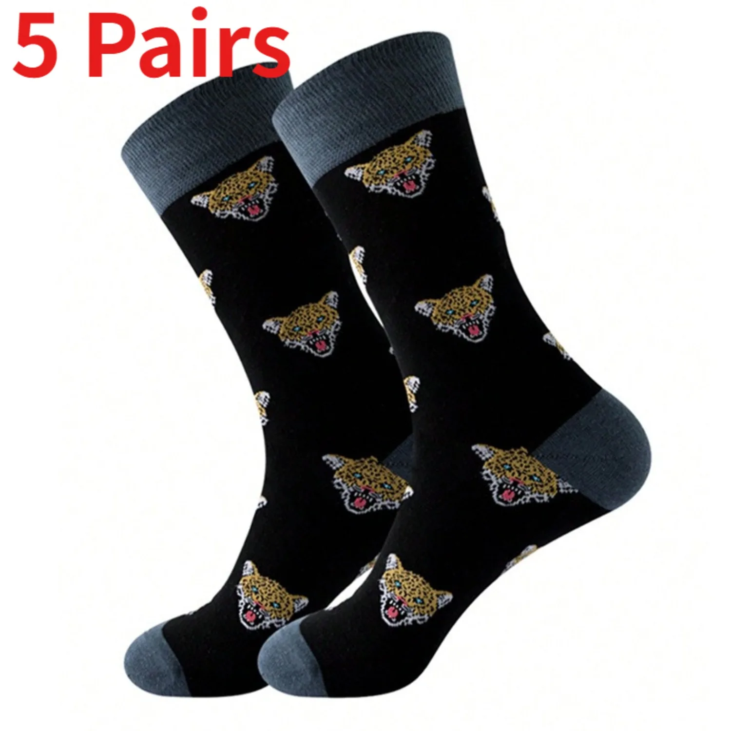 1/5 Pairs Men's Leopard Head Crew Socks Breathable Casual Dress Socks Black Animal Pattern Mid-Calf Socks Daily Wear Party Gifts