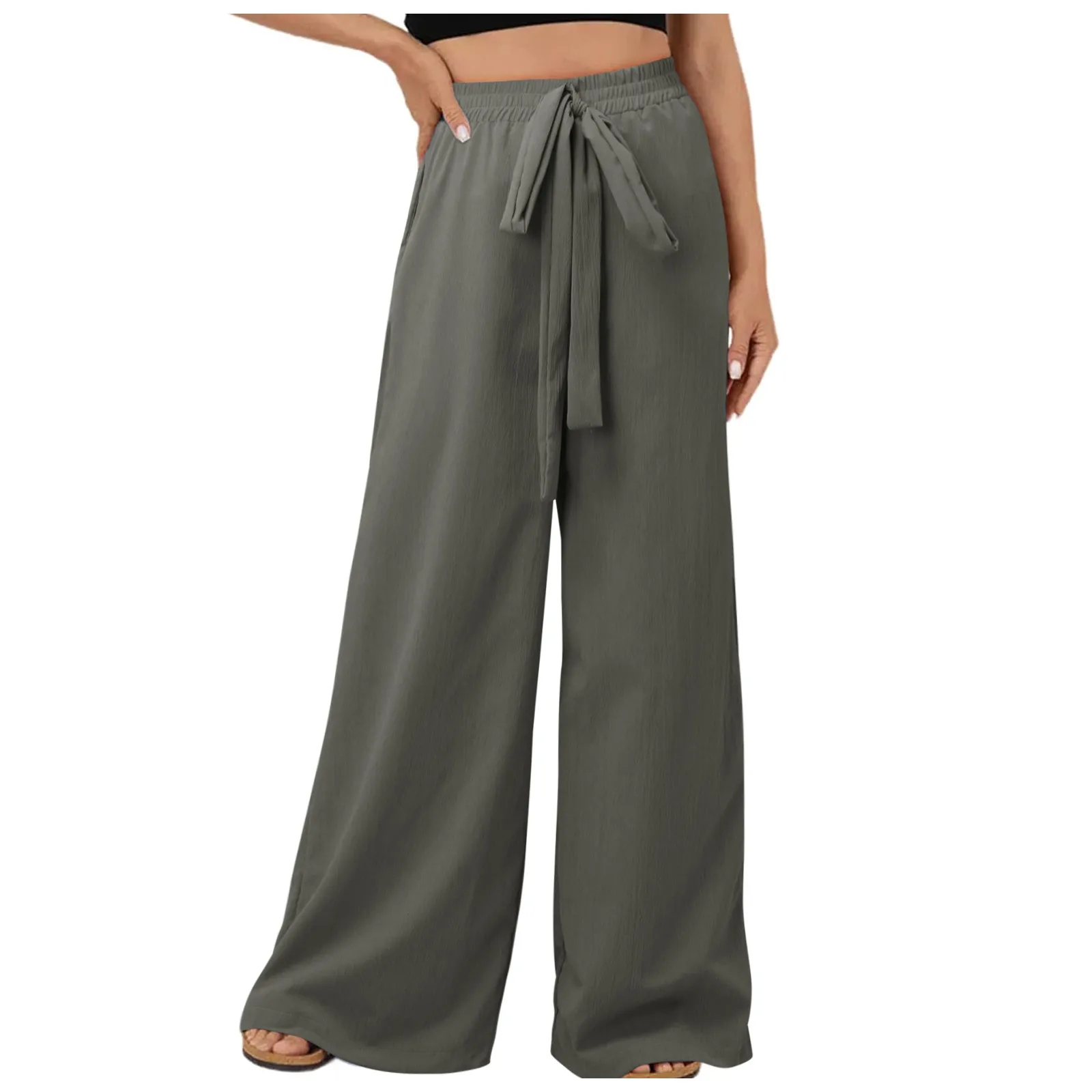 

Womens Fleece Lined Wide Leg Pants Casual Loose Solid Color Elastic High Waist Slant Pocket Straight Travel Joggers Fitness pant