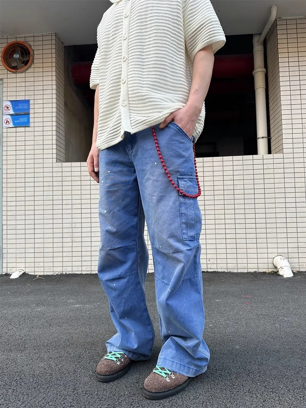 

Retro American Vintage Work Trousers Multi-ket Distred Dye Straight Leg Cotton Casual Pants for Teenagers Daily Wear