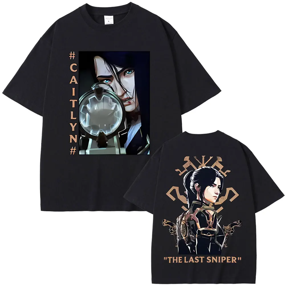 Anime Caitlyn Kiramman Double Sided Print T-shirts Men's Otaku Game Fan Tshirt Men Women Cotton Oversized Short Sleeves T Shirt