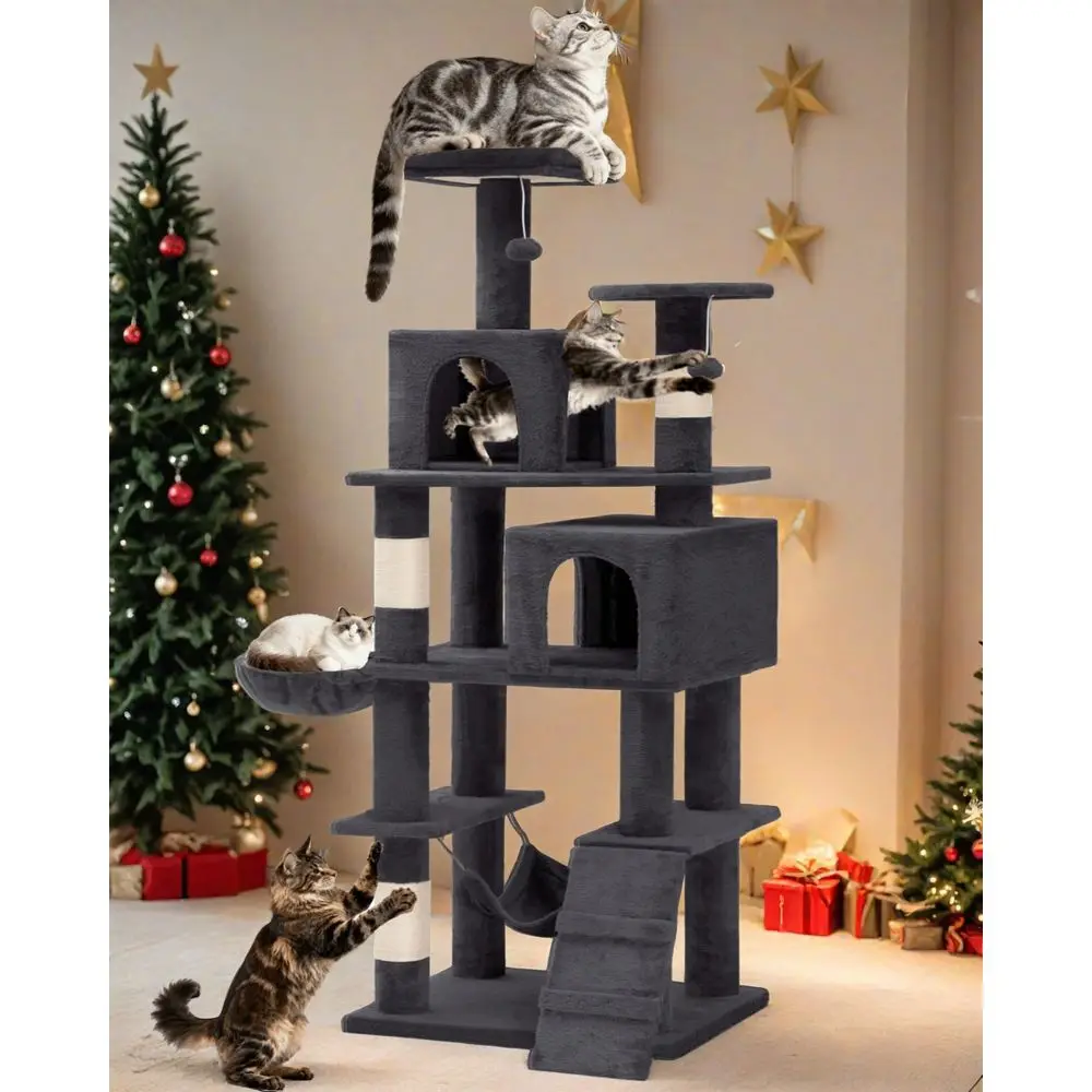

75in Cat Tree Tower for Indoor Cats, MultiLevel Cat Furniture with Scratching Posts, Cat Caves, Padded Perch, Cozy Hammock, Lad