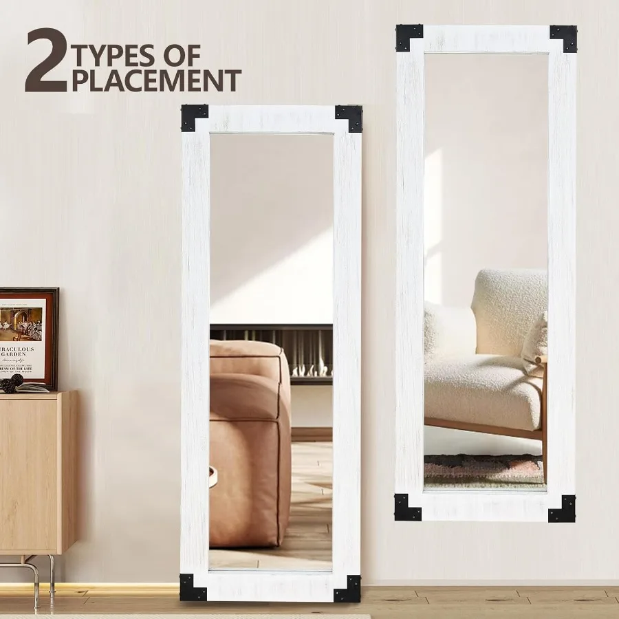 Cermin Panjang Ukuran 65x24 Inci dengan Bingkai Kayu dan Aksen Dekoratif Logam, Finishing Putih Rustic, Sempurna untuk Ruang Masuk atau Kamar Tidur