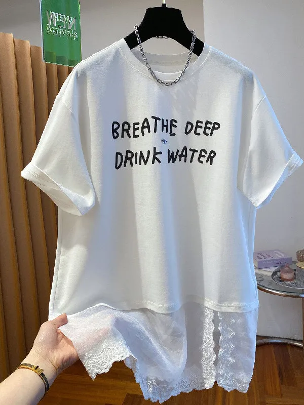 

plus Size Women's T-Shirt Lace Patchwork Short Sleeve Loose Fit Summer Casual Style Breathable Cotton round Neck mid Waist