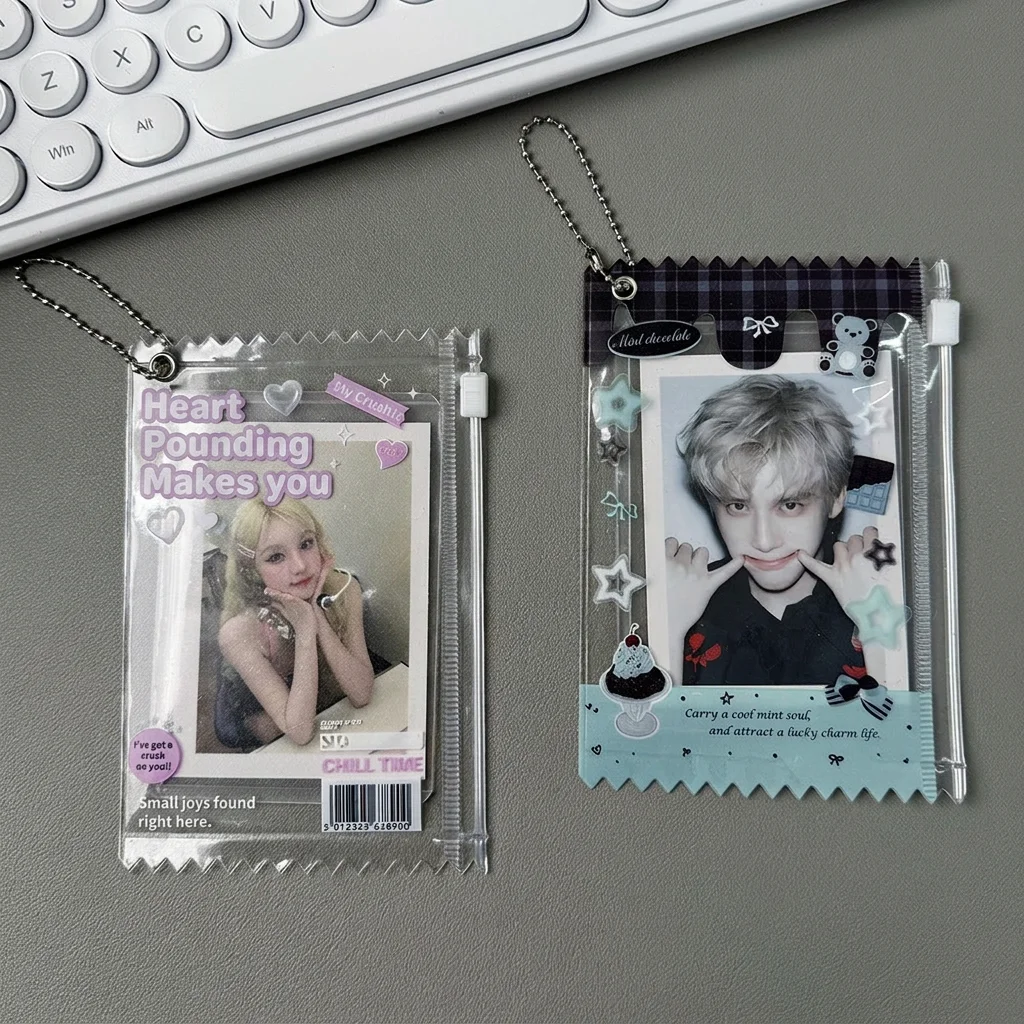 Photocard Holder Clear PVC Idol Accessory Cute Candy Wrapper Zipper Pouch Ball Chain Card Storage Transparent Kpop Photo