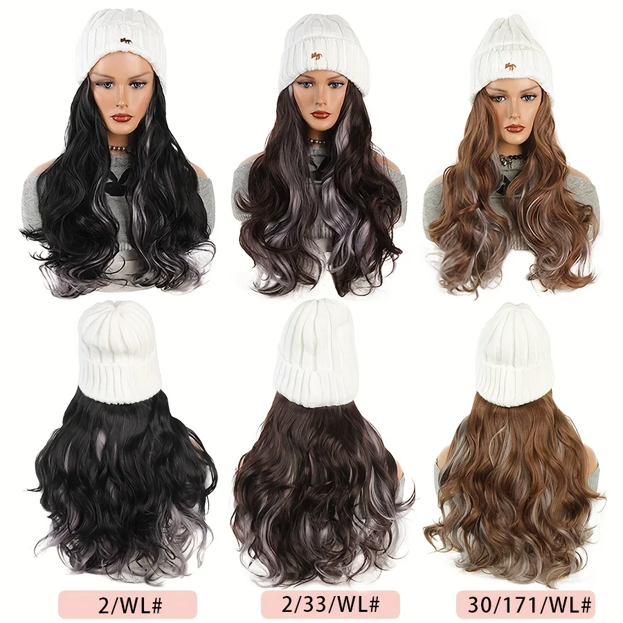 synthetic Long Wave Hat Wig With White Black Ktted Ebrliered Fox Hat, All-in-One Design Wome's Fashion Warm Hat Wig