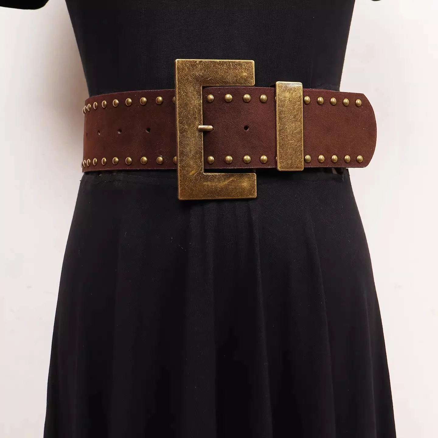 Women's Vintage Suede PU Leather Rivet Punk Cummerbunds Female Dress Corsets Waistband Belts Decoration Wide Belt R2522