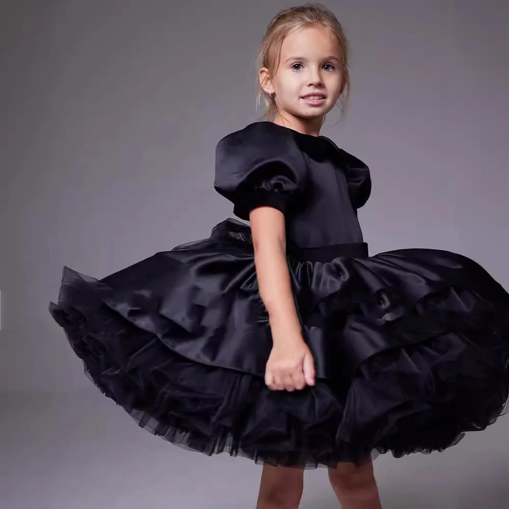 Black Flower Girl Dresses Tulle Tutu Outfit Short Sleeve For Wedding Birthday Party Banquet Princess Gowns