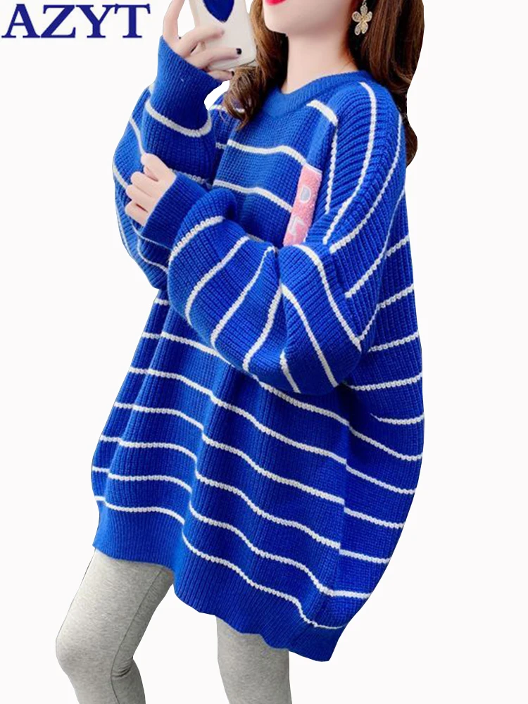 

AZYT O Neck Striped Sweater Women Pullover Autumn Winter Loose Oversize Sweater Jumpers Female Casual Long Sleeve Knitwear 2022