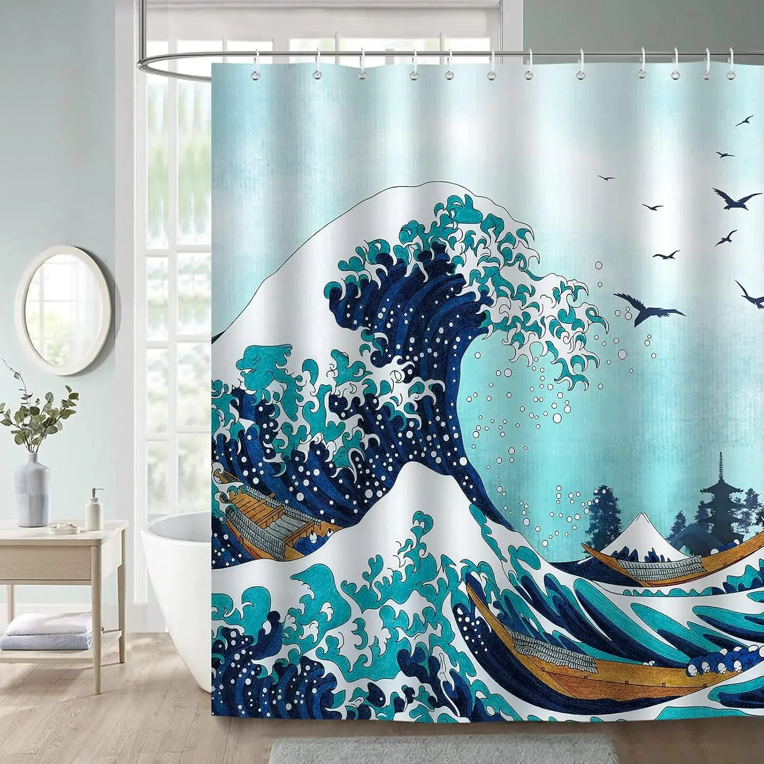 Great Wave Shower Curtain, Japanese Anime Kanagawa Ocean Blue Bathroom Decor Polyester Fabric Waterproof Curtain with 12 Hooks
