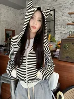 Emo Striped Print Cropped Tops Gothic Style Devil Ears Zip Up Hoodies for Women Long Sleeve Sweatshirt Cutecore Clothes