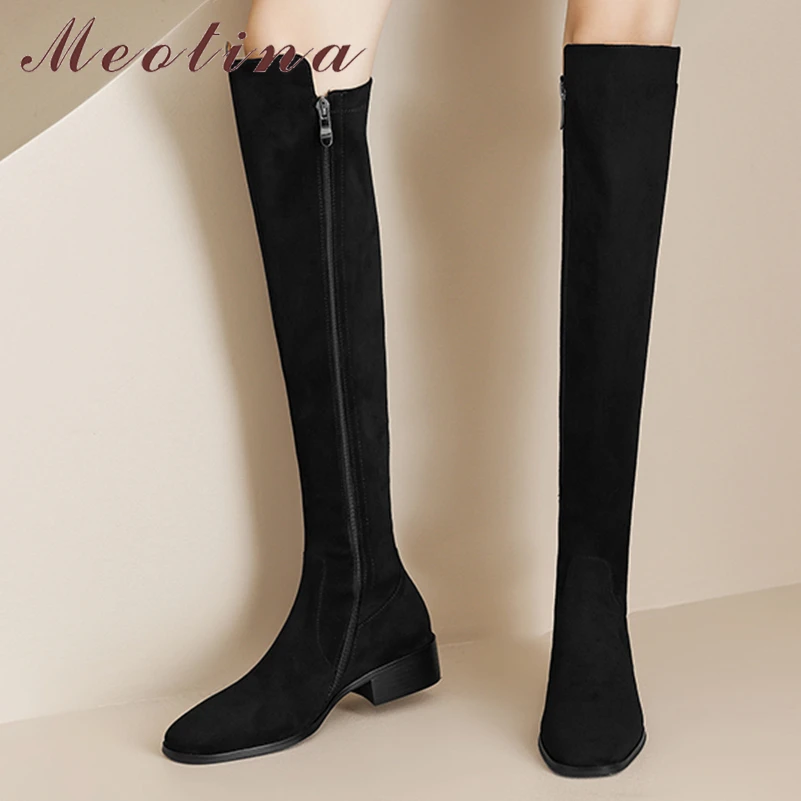 Meotina Women Genuine Leather Knee High Boots Square Toe Flats Zipper Long Boots Ladies Fashion Shoes Autumn Winter Black 40