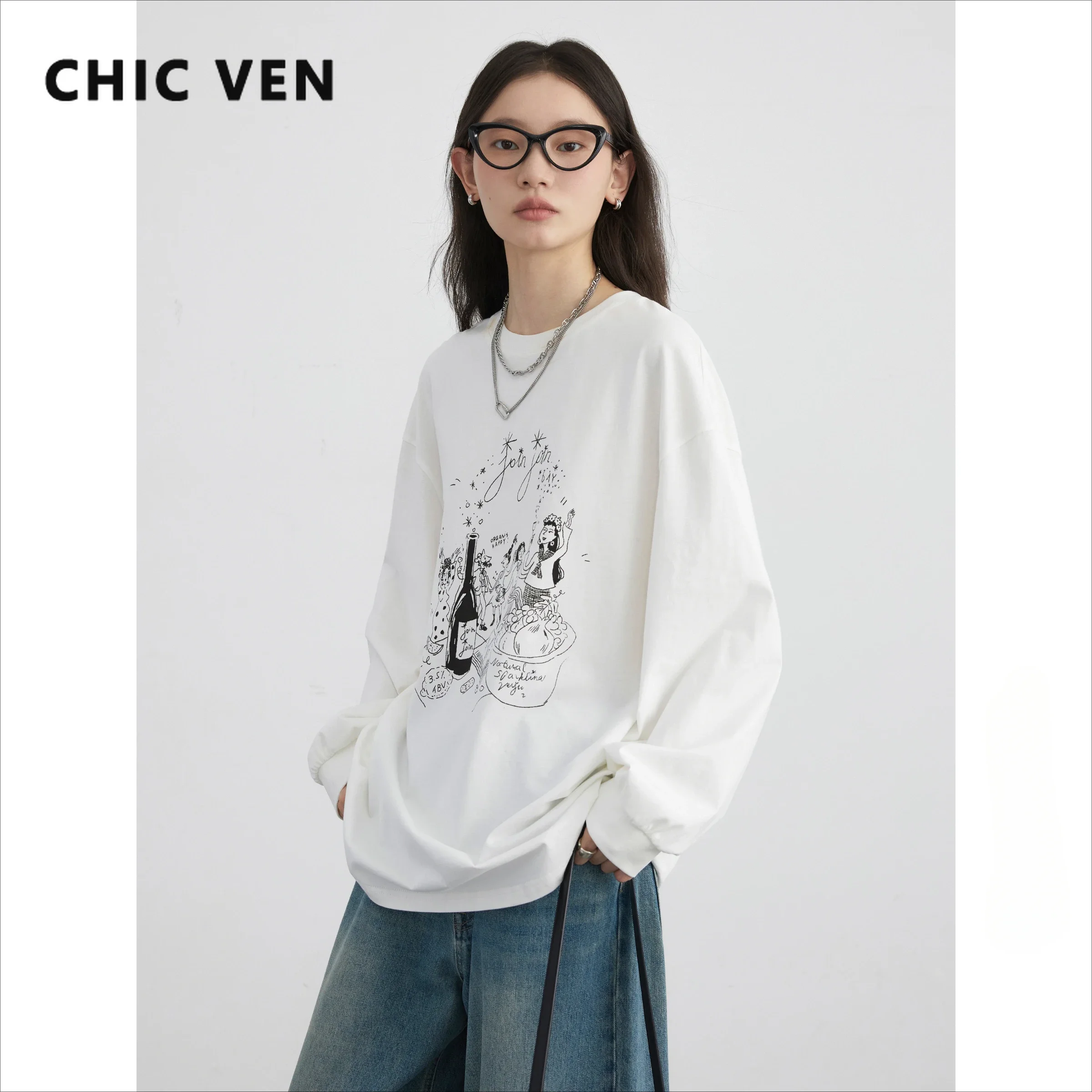 CHIC VEN Women\'s T-Shirts Loose O Neck New Printing Cotton Knitted Long Sleeve Tees Loose Female Top Spring Autumn 2024