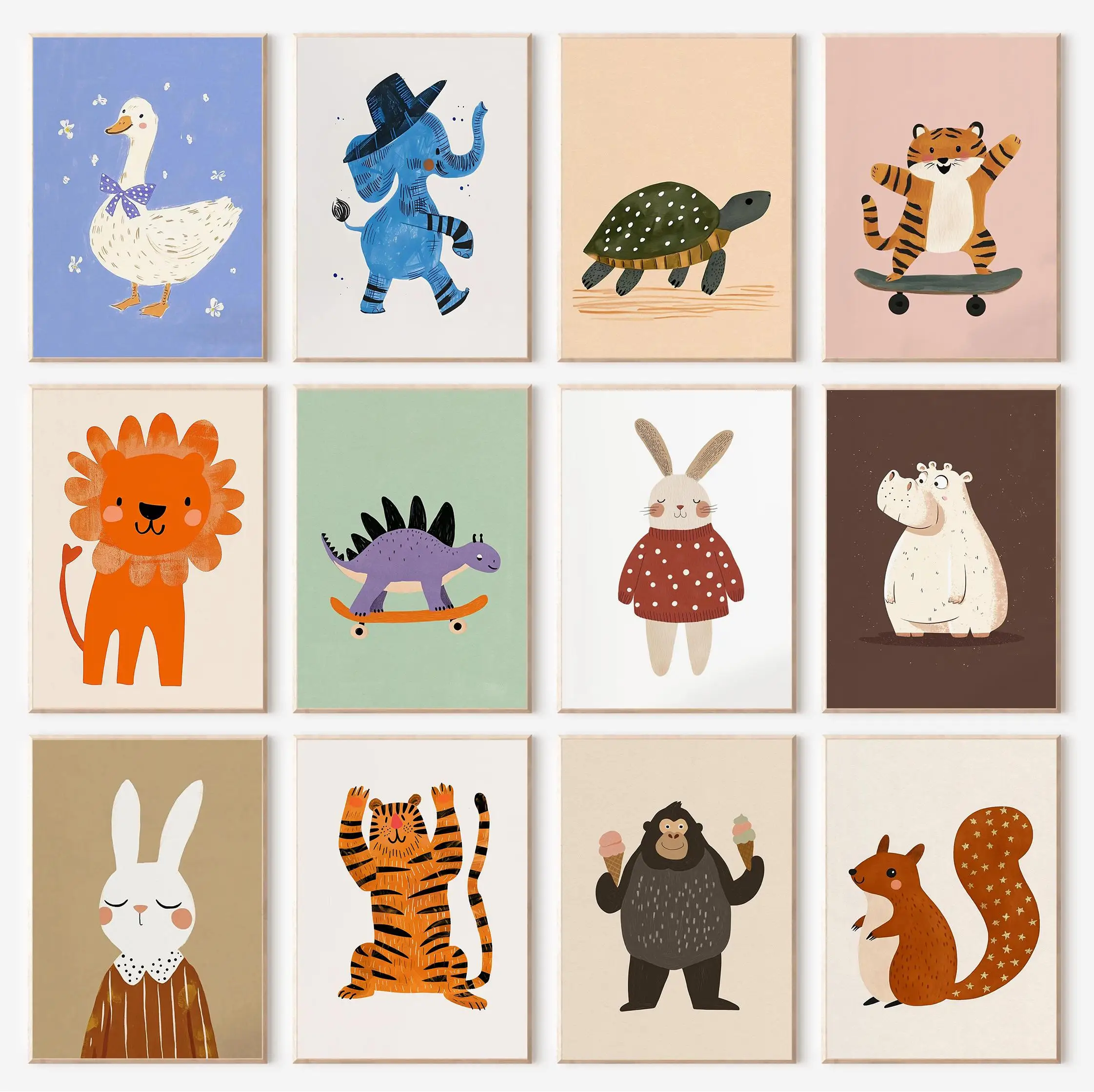 Cute Cartoon Animal Brown Bear Rabbit Colorful Illustrations Poster Canvas Paintings Wall Art Pictures Kindergarten Home Decor