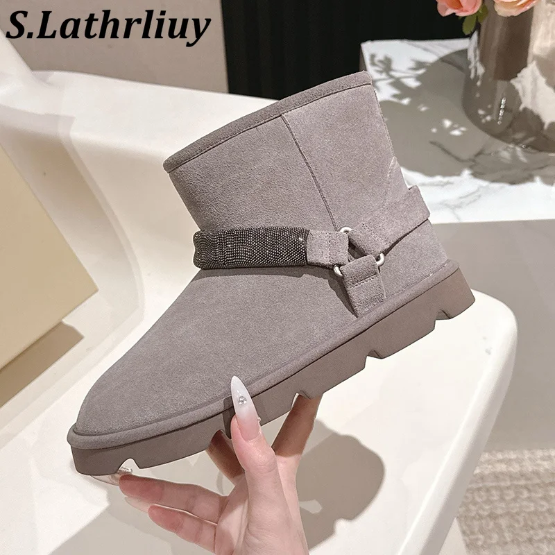Flat Thick Soled Warm Snow Boots Women String Bead Decor Round Toe Short Boots Winter Wool Lining Versatile Ankle Botas Mujer