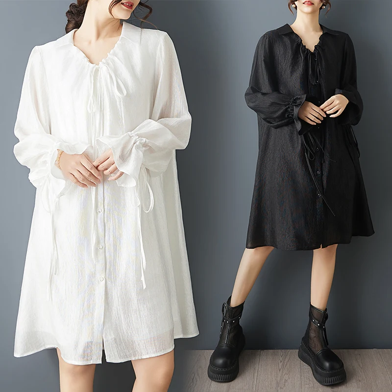 

Loose Fit V-Neck Lantern Sleeve Shirt Dress Casual Cotton Summer New Style Pure Color Belted Double Layer Slimming Design