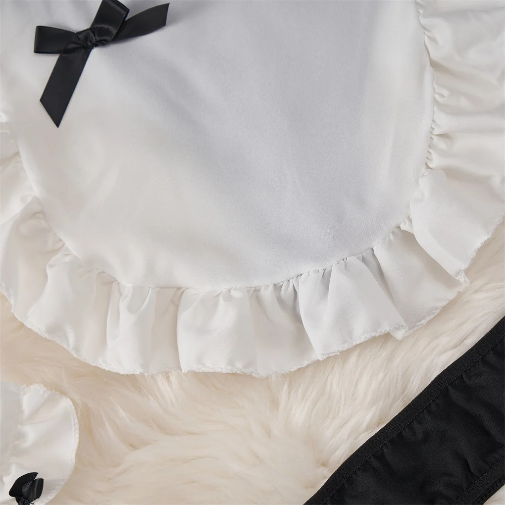 Long Sleeved Slim Hollow Jumpsuit With Strap Apron Metal Buckle Bow Ruffle Sweet Sexy Women\'s Pajama Set Maid Cosplay Lingerie