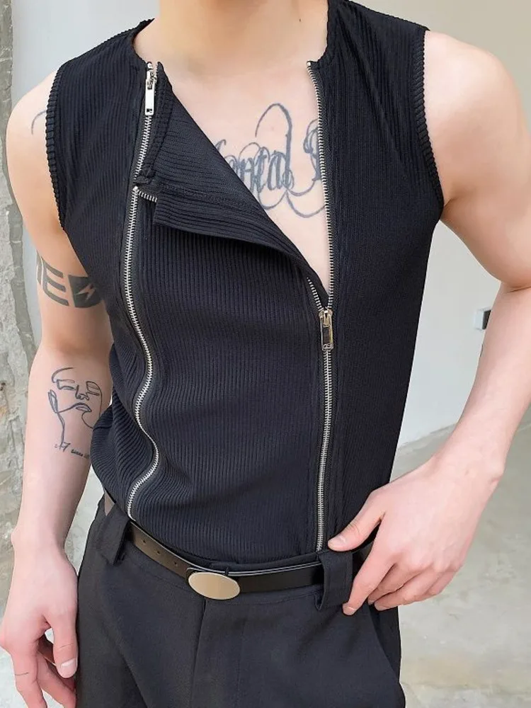 

Men Clothing 2024 Summer Double Zipper Design Solid Color Vests Personality Vest Niche Sleeveless Tank Top For Male