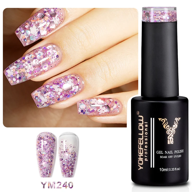 YOKEFELLOW Glitter เจลเล็บ 10ml สีชมพู Sparkly GEL เพชรเงา Soak Off Glitter UV เจลสําหรับเล็บ Art YM240 สีชมพู