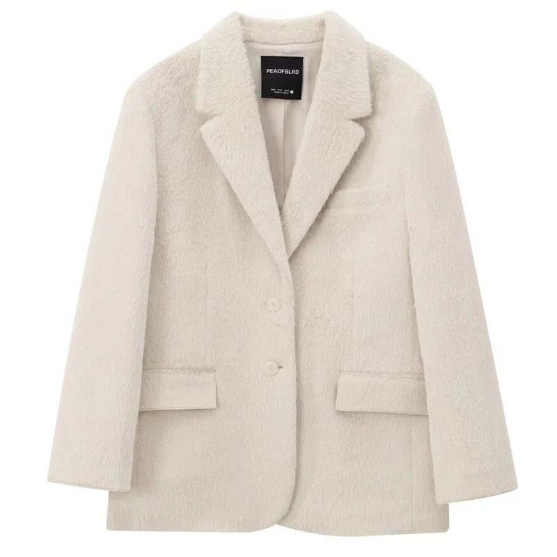 2026 Women's White Faux Fur Blazer Casual Straight Fit Spring Jacket Long Sleeve Fitted Outerwear for Office Wear
