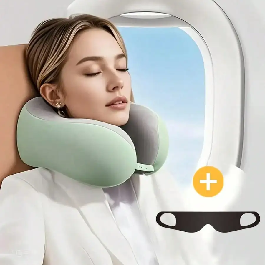 Memory Foam Neck Pillow + Blackout Eye Mask - Essential For Air Travel, Office & Car Nap Time!