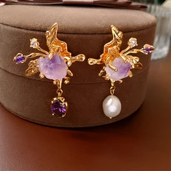 Asymmetrical Fresh Water Pearl Zircon Earring for Women Natural Stone Butterfly Drop Earrings Light Luxury Unique Jewelry
