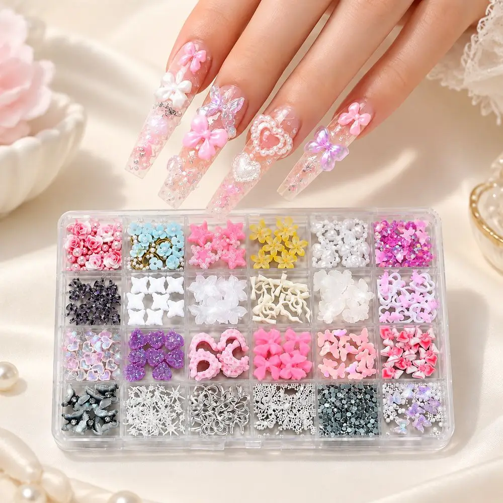 24Grids Kawaii Nail Charms Mixed Box 3D Resin Flower Bow Heart Star Butterfly Pearl Rhinestone Nail Decorations for Nails Art