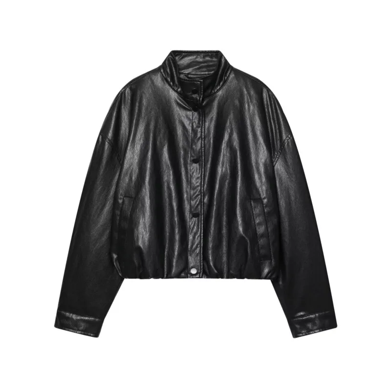 

HipSeam Women Faux Leather Jacket Autumn High Collar Long Sleeve Jacket With Button Pocket Lady Coats Causal Female Chic Tops