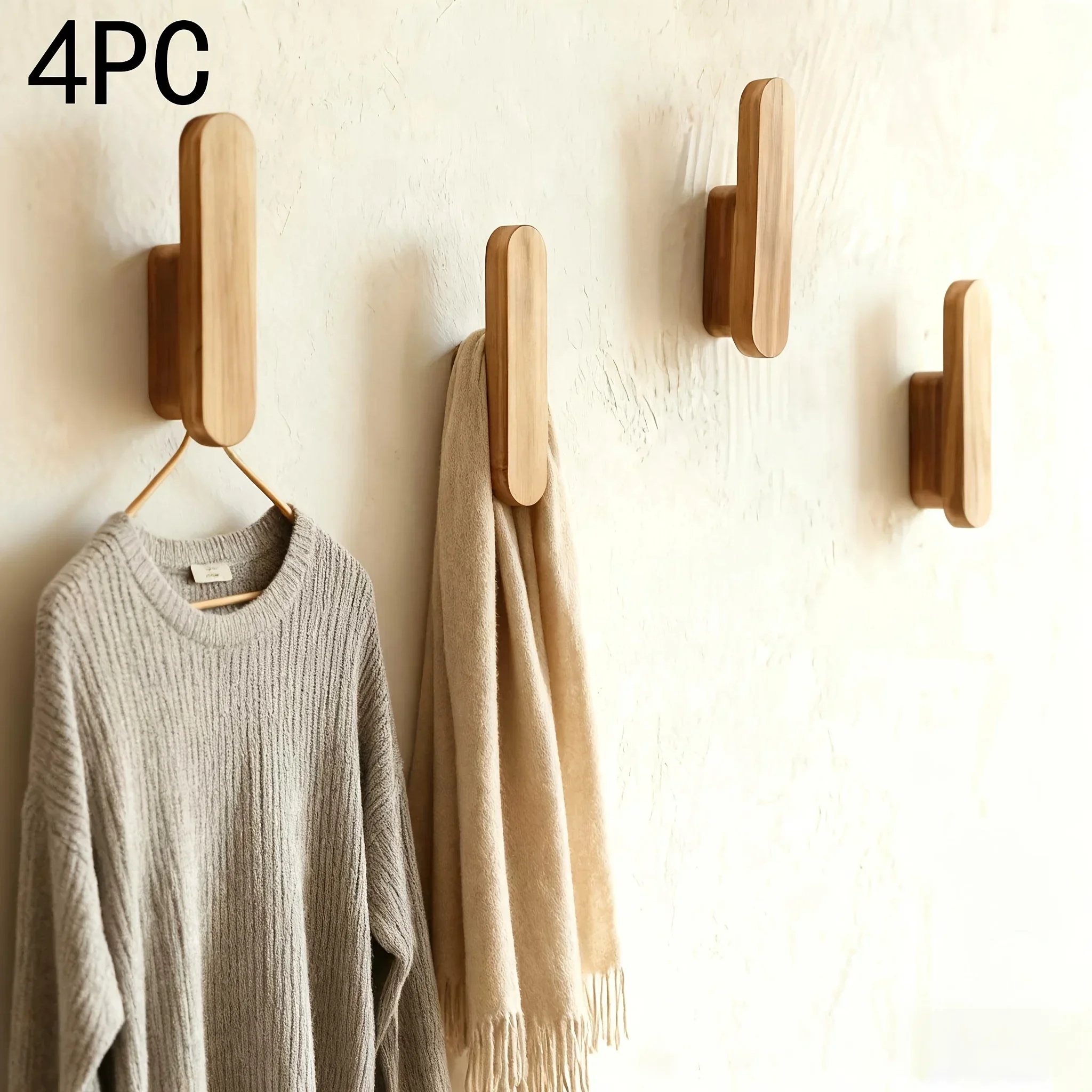 4PCS Solid Wood Wall Hooks, Heavy-Duty Multi-Hook Rack for Entryway Bathroom Bedroom Doorway, Simple Storage Organizer