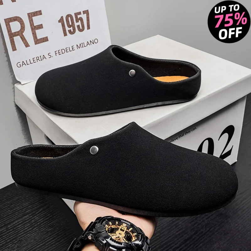 

Кожаные полуботинки для мужчин, мюли больших размеров 39-44, полуоткрытые лоферы, шлепанцы, повседневная обувь без задника, сандалии, слипоны, плоская подошва